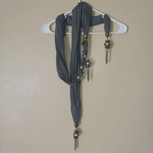 Chic Charcoal-Grey Beaded Scarf with Silver Trinkets and Tassels Women's OS